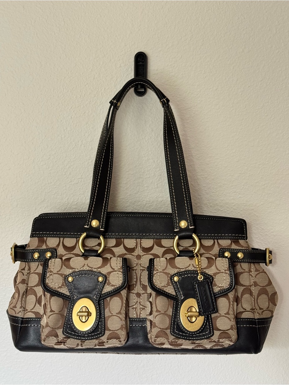 Coach Legacy Signature Double Turn Lock Tote F13131 Black Leather Jacquard